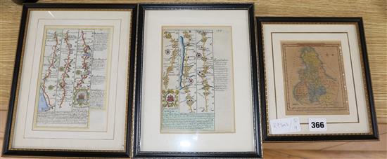 Two 18th century engraved road maps of Cardigan and Carmarthen, 19 x 12cm and a small map of South Wales